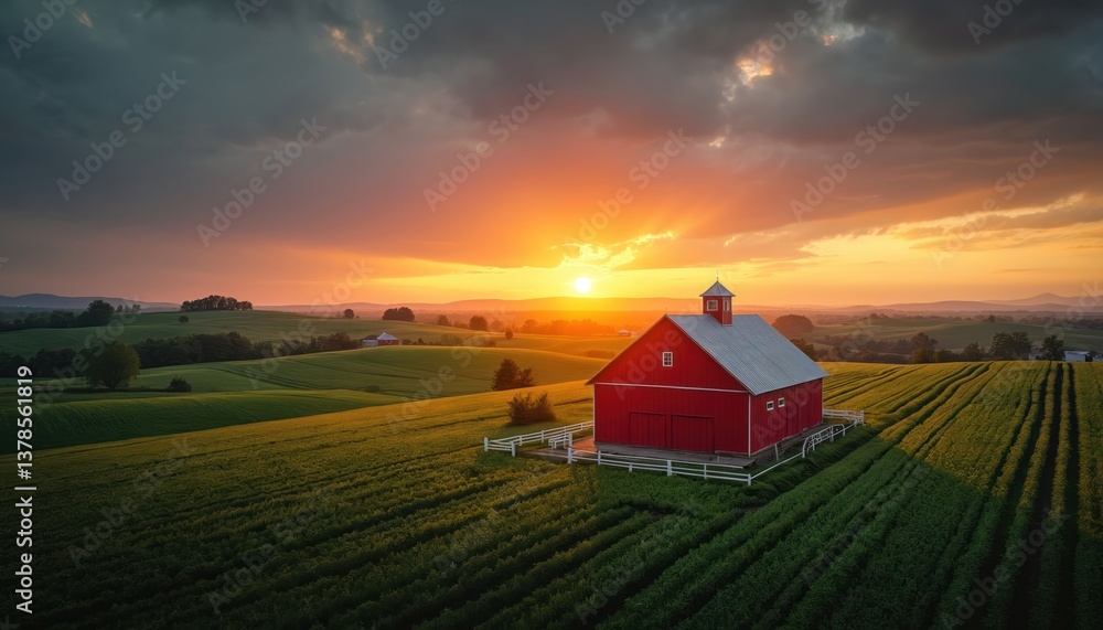 Aerial view captures red barn at sunset. Rolling green fields, golden sun painting the horizon. Rural landscape. Tranquil scene ideal for farm, agricultural, countryside projects. Aerial view captures red barn at sunset. Rolling green fields, golden sun painting the horizon. Rural landscape. Tranquil scene ideal for farm, agricultural, countryside projects.