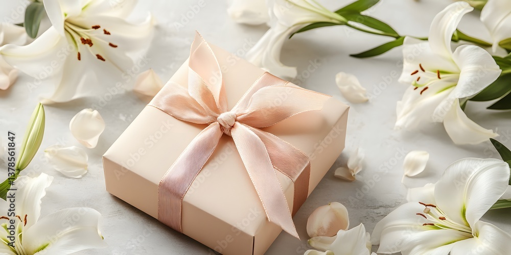 Elegant Gift Box Surrounded by White Lilies and Petals on Table