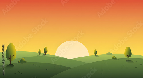 Sunset Over Simplified Green Hills and Minimalist Trees