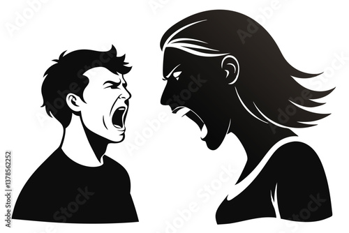 Silhouette of Arguing Couple with Opened Mouths in Black and White Style