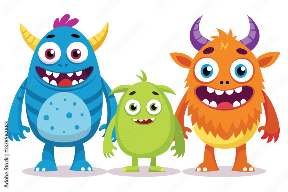 Playful Cartoon Monsters Set, Happy Blue, Green, and Orange Creature on White Playful Cartoon Monsters Set, Happy Blue, Green, and Orange Creature on White