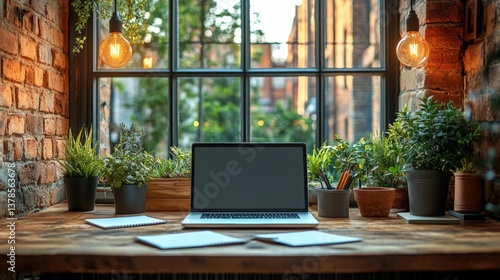 Wallpaper Mural Cozy workspace with laptop surrounded by greenery and warm lighting in a brick setting Torontodigital.ca