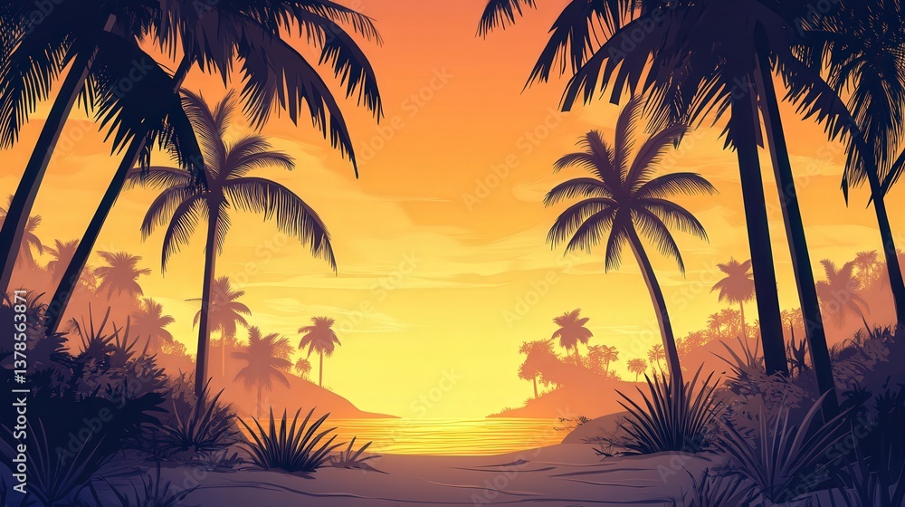 dark shadows from coconut trees and a golden sky, creating a retro, nostalgic backdrop. Perfect for summer travel ads or evoking feelings of relaxation and adventure dark shadows from coconut trees and a golden sky, creating a retro, nostalgic backdrop. Perfect for summer travel ads or evoking feelings of relaxation and adventure