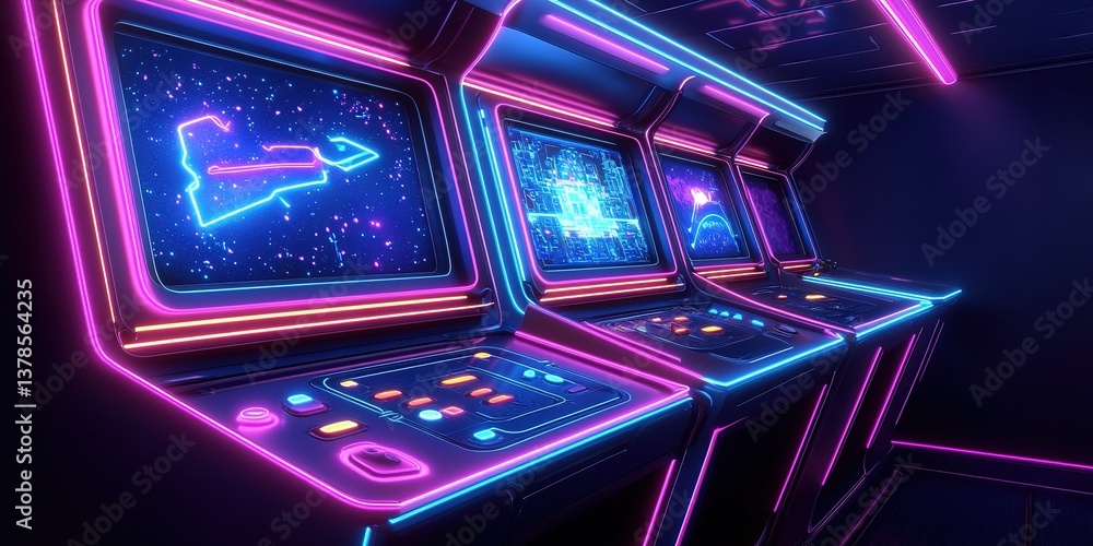 Obraz premium Retro arcade featuring neon lights and classic games in a vibrant gaming lounge