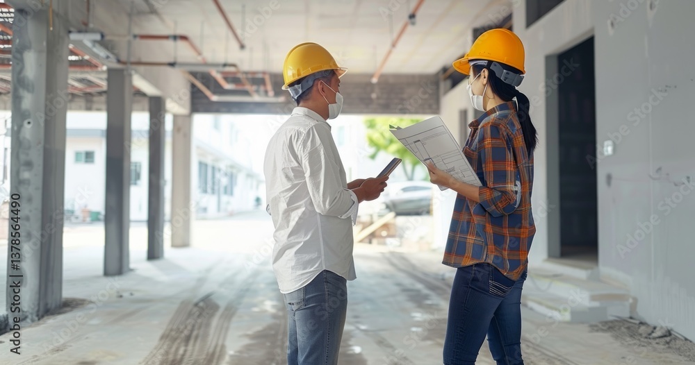 Female architect in hard hat checks building plans at construction site, ensuring safety and overseeing development