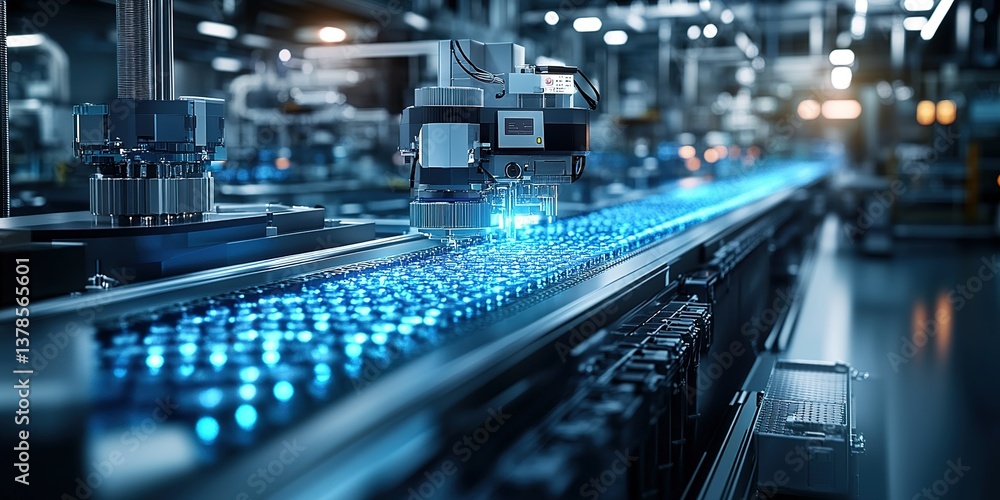 Advanced robotics operate in a high-tech manufacturing facility during nighttime production processes Advanced robotics operate in a high-tech manufacturing facility during nighttime production processes
