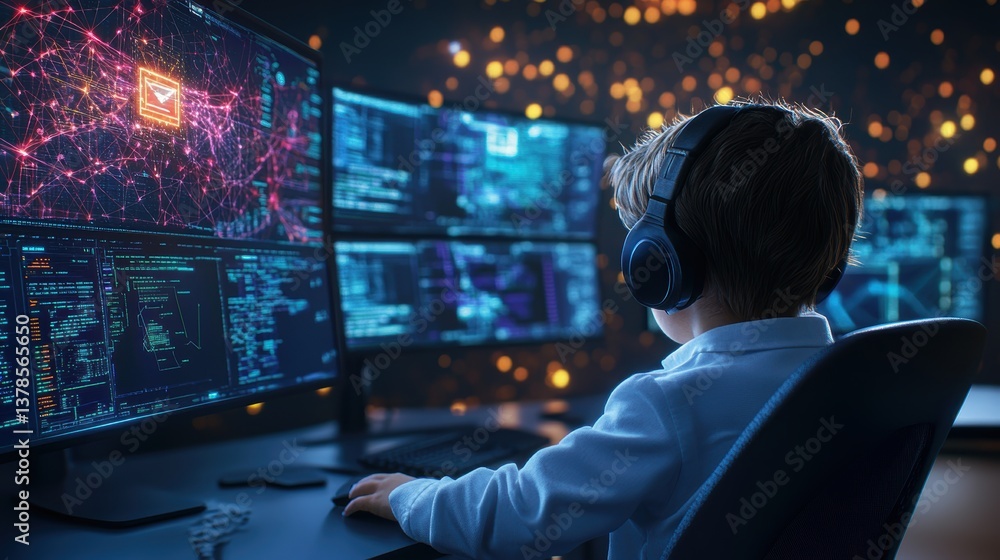 Young boy with headphones deeply focused at computer desk surrounded by multiple monitors displaying complex code and vibrant data visualizations in bokeh Young boy with headphones deeply focused at computer desk surrounded by multiple monitors displaying complex code and vibrant data visualizations in bokeh
