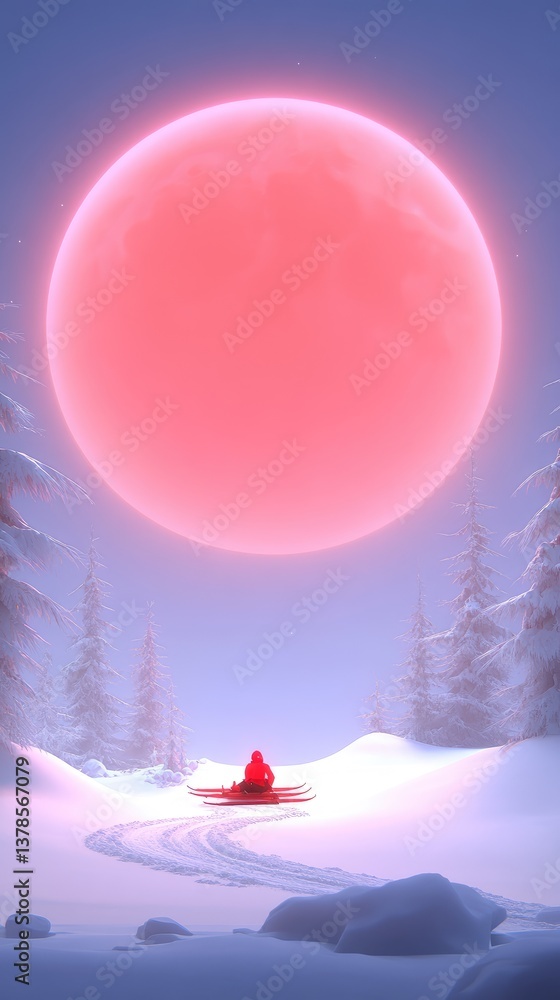 Fototapeta premium Snowy path and sled beneath a large, glowing red moon in a winter forest scene