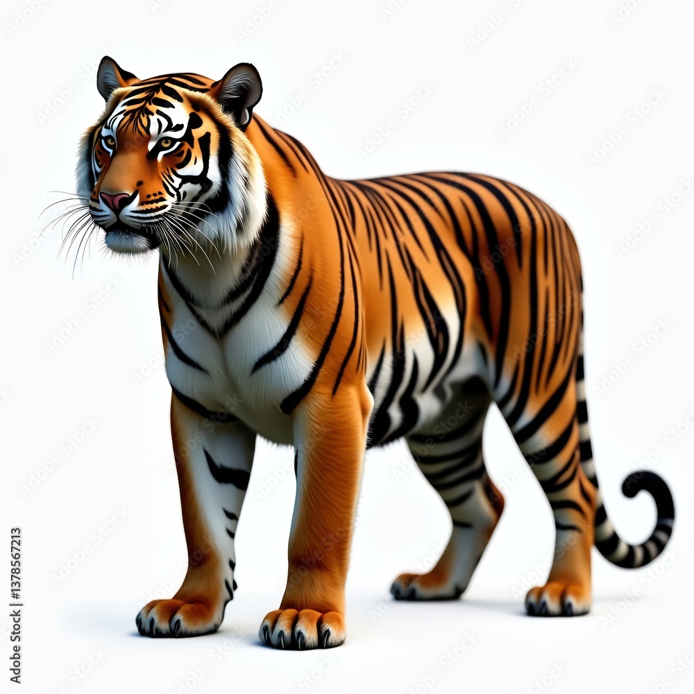 Obraz premium Sumatran tiger portrait isolated on white background. Majestic predator features distinctive black stripes on orange fur. Illustration shows powerful mammal of Asian jungles, wilderness, safari