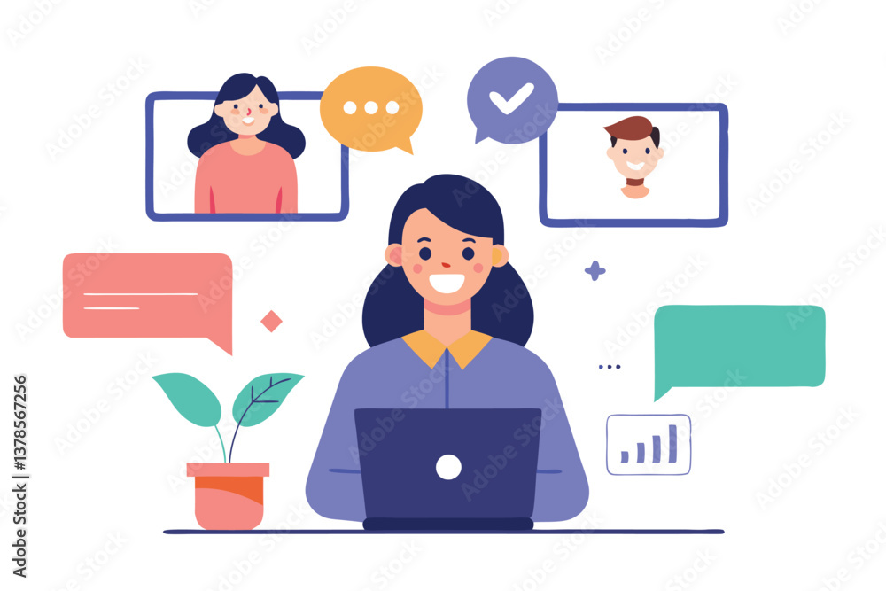 Smiling Woman Using Laptop with Chat Bubbles, Video Call Friends, White Background Smiling Woman Using Laptop with Chat Bubbles, Video Call Friends, White Background