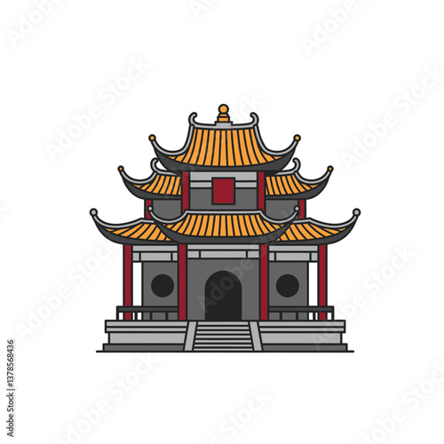 A Cartoon Illustration of a Chinese Building With a Red Roof