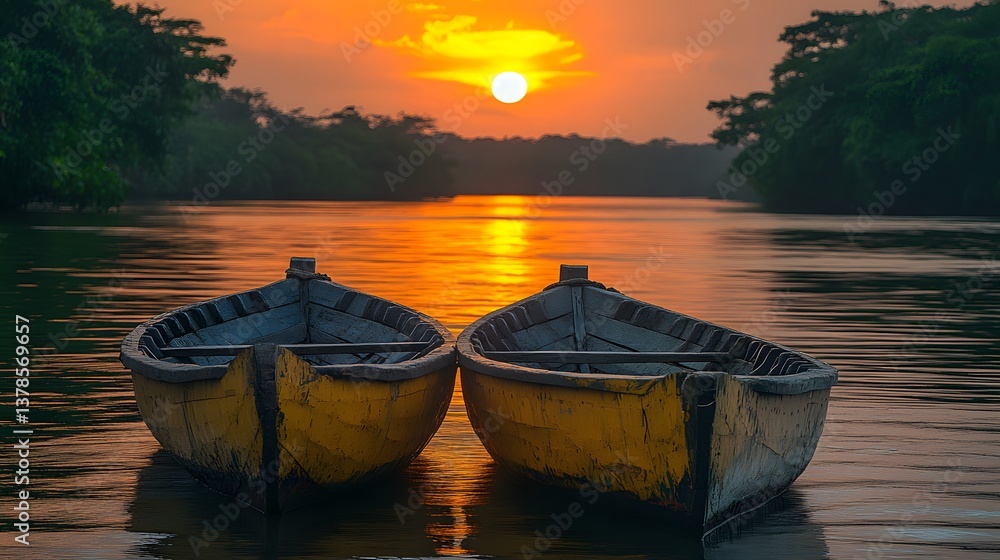 Fototapeta premium Traditional wooden boats on the Essequibo River at sunset with Guyanese flags