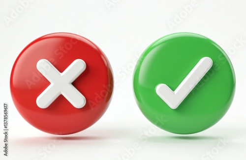 3D render illustration of check mark and cross mark icons. Green circle tick, red circle cross symbols. Buttons on white background indicate approve, reject, correct, wrong or yes, no options.