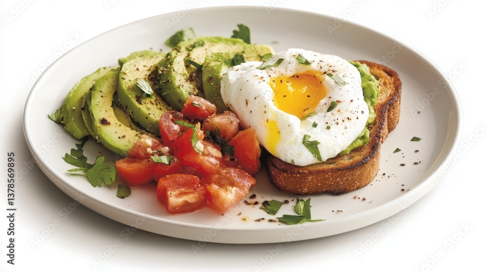 Closeup Of Avocado Toast With Poached Egg And Tomato Salsa On White Plate Closeup Of Avocado Toast With Poached Egg And Tomato Salsa On White Plate