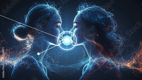 Two ethereal women, faces close, connected by glowing particles