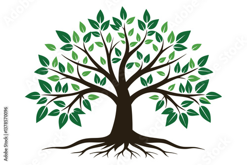 Stylized Deciduous Tree with Green Leaves and Roots on White Background