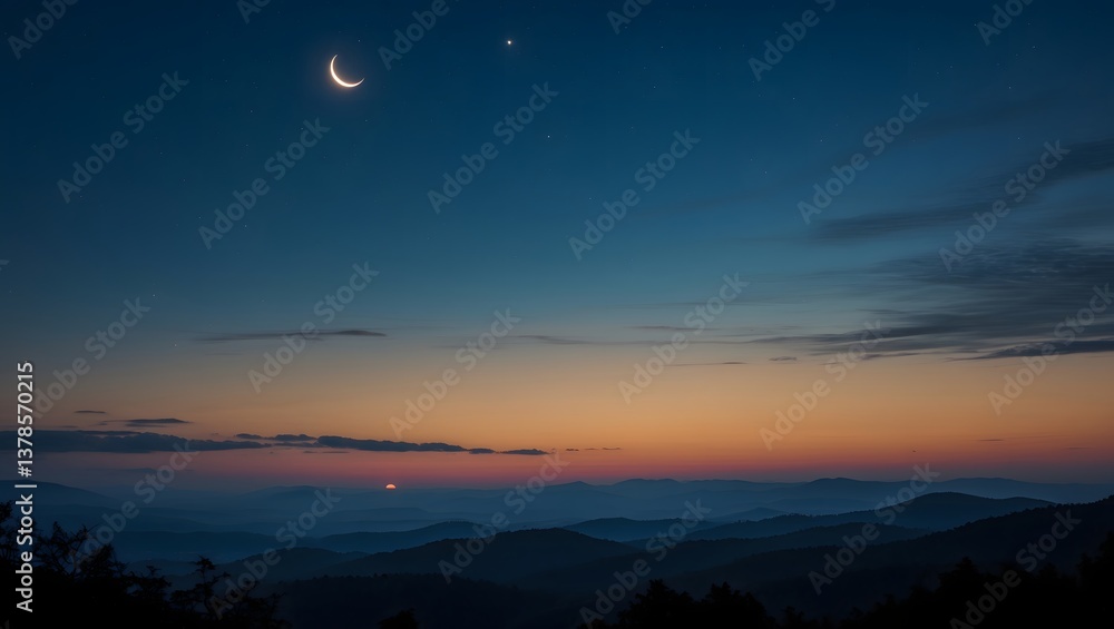 Ramadan Eid Sunset Sky Moon Crescent Hajj Kaaba Islam Desert Background. AI Generative. Ramadan Eid Sunset Sky Moon Crescent Hajj Kaaba Islam Desert Background. AI Generative.