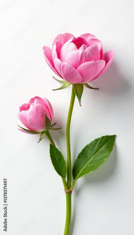 Fototapeta premium Delicate flower blooms on a crisp white surface, isolated, flora, foliage