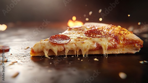 Closeup Of Melted Pizza Slice With Cheese Dripping