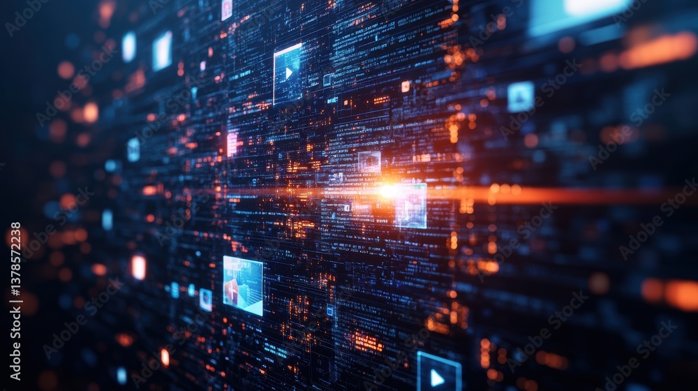 Abstract digital artwork showcasing a luminous wall of data streams, vibrant code, and video thumbnails in blue and orange with a central light beam glow Abstract digital artwork showcasing a luminous wall of data streams, vibrant code, and video thumbnails in blue and orange with a central light beam glow