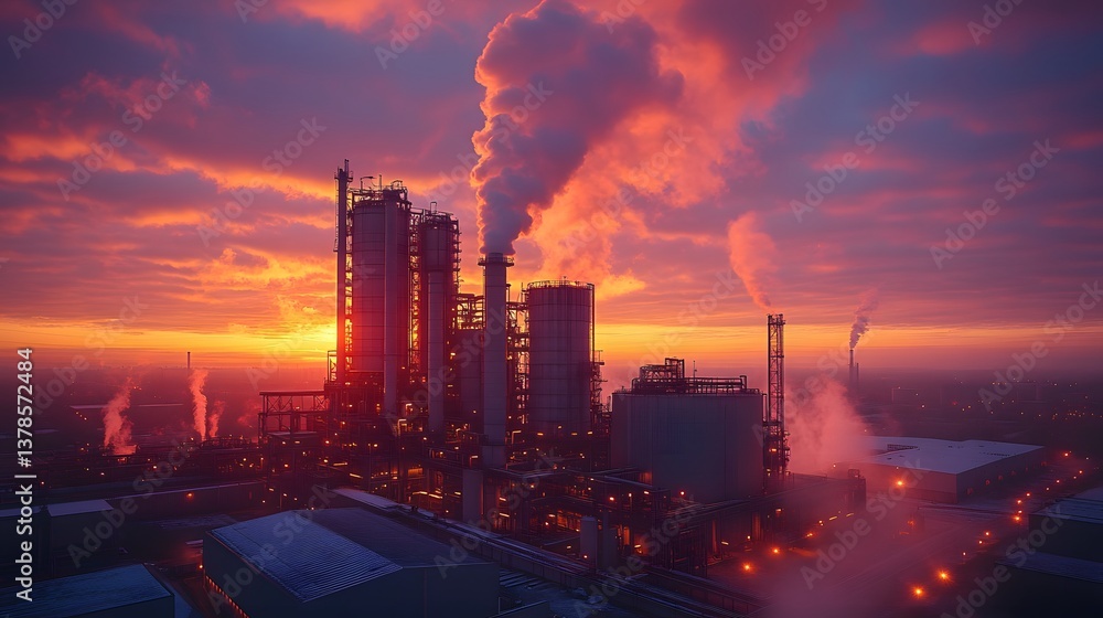 Fototapeta premium Biomass plant at sunset with steam rising from power generation units
