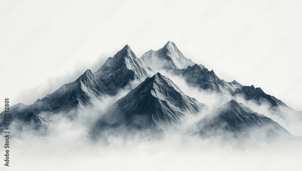 Obraz premium Majestic snow-capped peaks rise from a blanket of fog, creating a breathtaking panorama of nature's grandeur