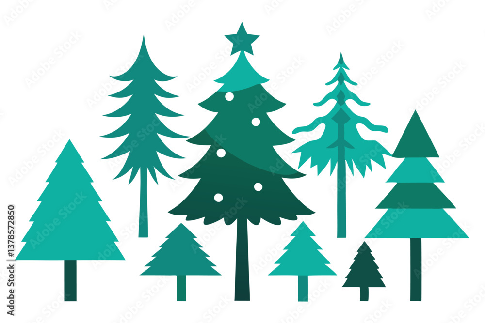 Obraz premium Teal Evergreen Tree Assortment with Star Topper on White Background Icon Style