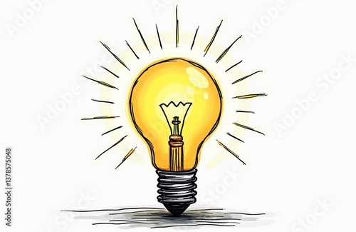 Hand-drawn light bulb illustration. Bright yellow color, radiating rays symbolize idea. Symbol of creativity, innovation, problem-solving, inspiration for presentations, design. Suitable for