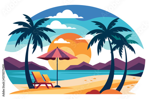 Tropical Beach with Palm Trees, Umbrella, Chairs & Sunset, Stylized