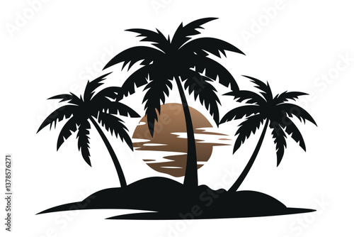 Tropical Island Palms Silhouette, Sunset View over Sea with Transparent Background
