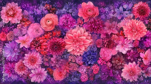 Wallpaper Mural vibrant and full frame of bright pink and purple dahlias, creating a stunning floral background. Torontodigital.ca