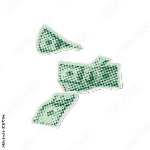 Retro collage element with thrown up banknotes in dotted halftone style. Paper money falling from the sky. Saving, collecting dollars concept. Banner on financial topics. Vintage vector illustration.