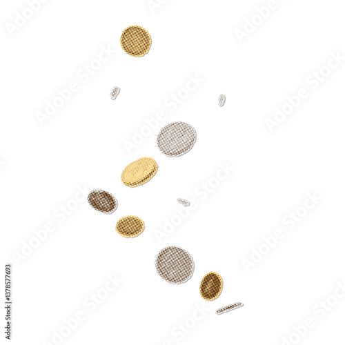 Halftone collage clipart with various falling coins. Vector design isolated on white background. Good luck and fortune concept. Retro style cut out paper elements. Vector design.