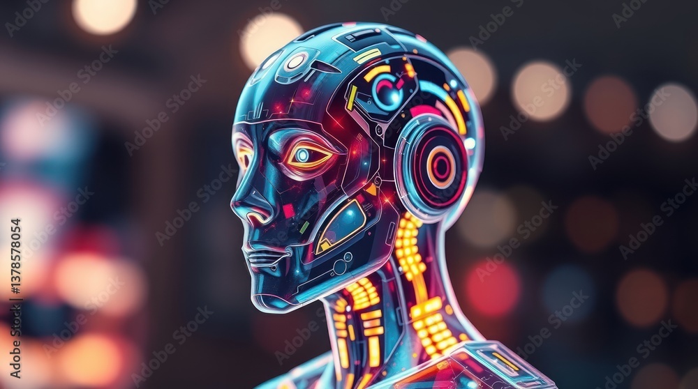 Fototapeta premium Futuristic Robot Head with Glowing Circuits and Cybernetic Design