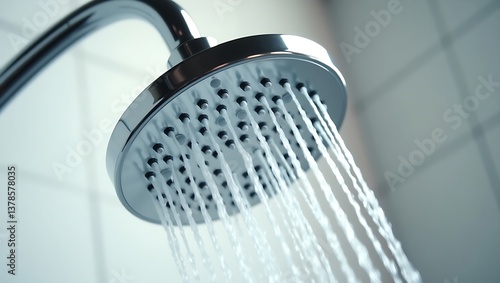 Close-up of a modern chrome circular showerhead with a sleek design, water flowing from nozzles, mounted on a curved arm, against a soft neutral background.