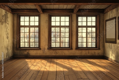 Empty room with three large windows and blank movie poster frames. AI generated illustration.