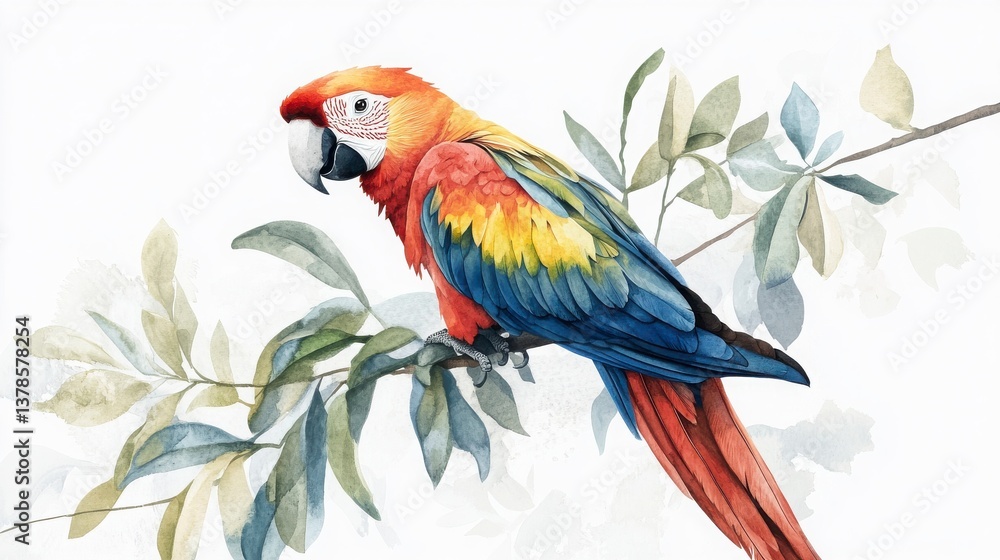 Obraz premium Colorful Bird Perched On Branch Watercolor Painting