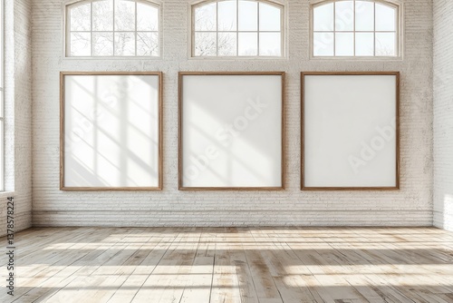Empty room with three large windows and blank movie poster frames. AI generated illustration.