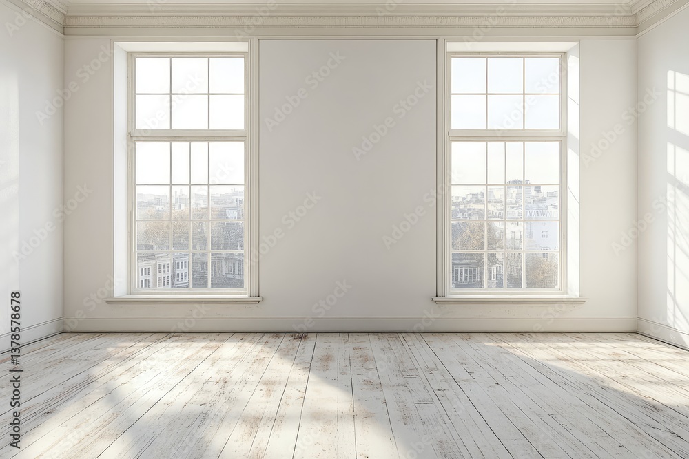 Fototapeta premium Empty room with three large windows and blank movie poster frames. AI generated illustration.