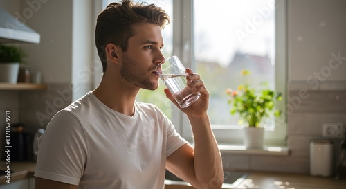 Hydrated and Healthy: Young man enjoying a refreshing glass of water. Stay healthy. Stay hydrated. Drink water. Water is life.