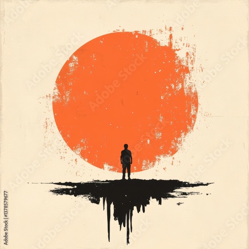 Silhouette of person standing against large orange sun with grunge texture.