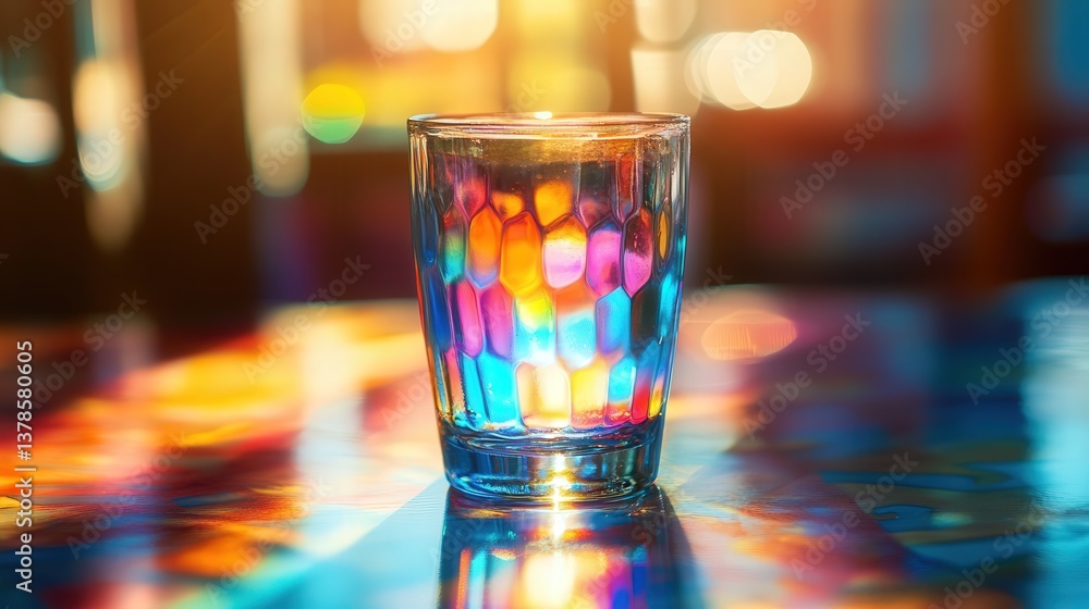 soda glass on a table, sunlight shining through its translucent surface and creating colorful reflections. soda glass on a table, sunlight shining through its translucent surface and creating colorful reflections.