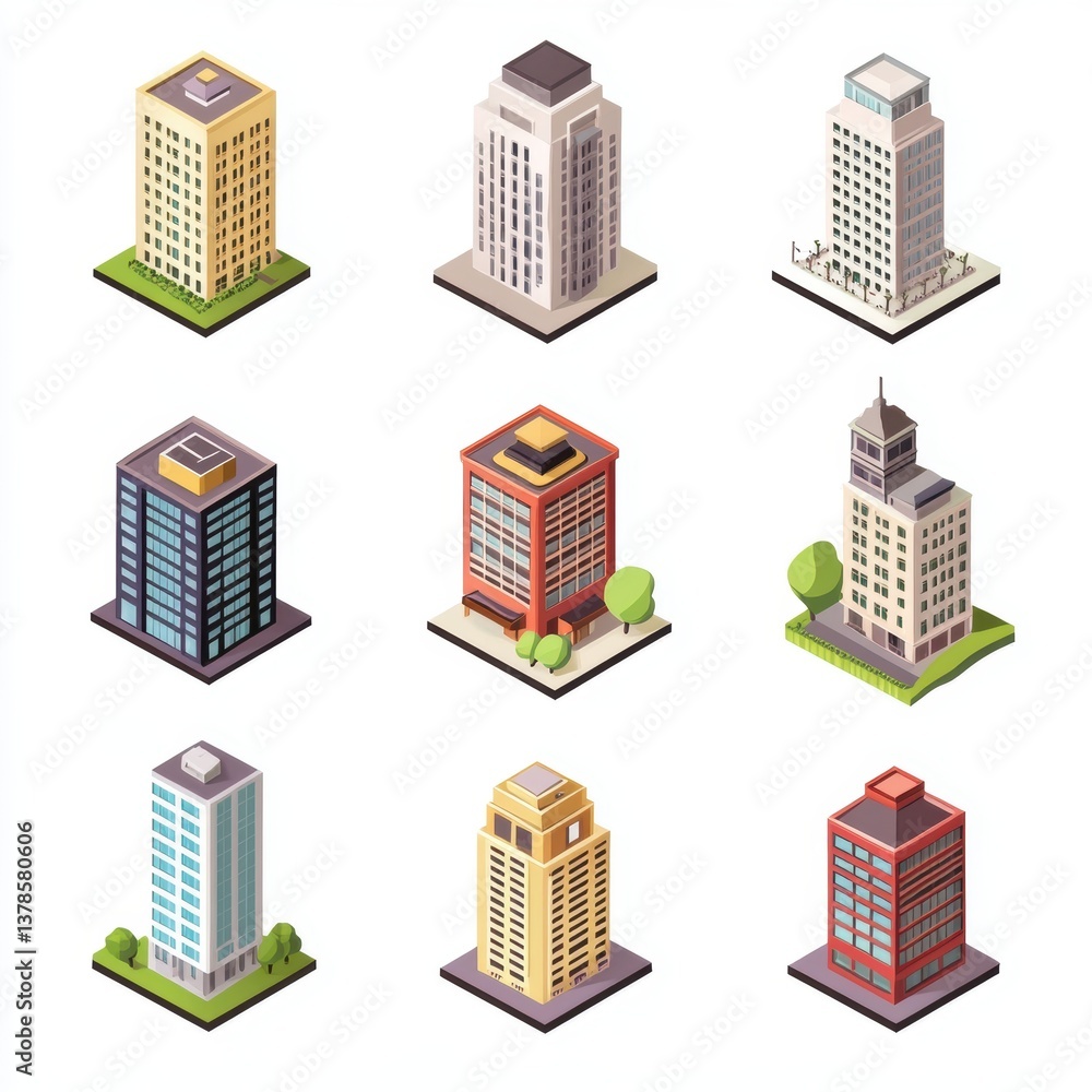 Fototapeta premium Isometric set of modern skyscrapers and office buildings.