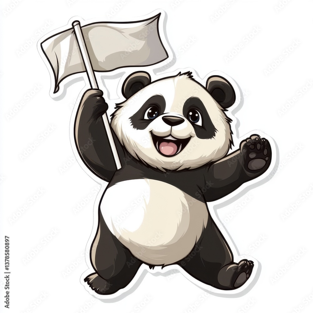 Naklejka premium Cute Panda Character Cheerfully Holding a White Flag Illustration