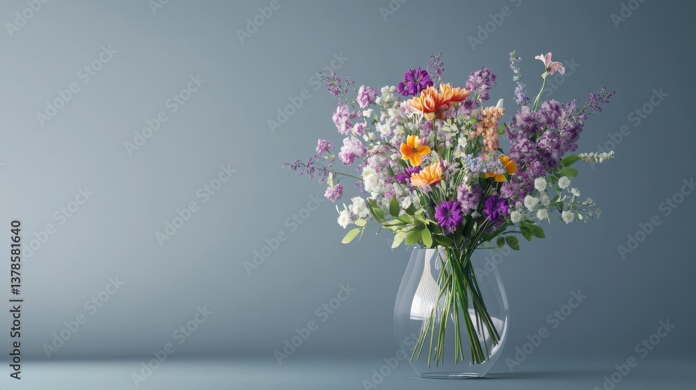 Colorful Flower Bouquet in Clear Vase on Gray Backgrounds Colorful Flower Bouquet in Clear Vase on Gray Backgrounds