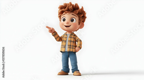 3D Rendering of Smiling Boy in Plaid Shirt Pointing Upward Isolated on White Background
