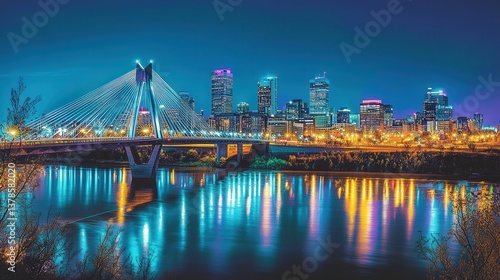 steel cable bridge connecting two cityscapes, with urban lights shimmering in the background.