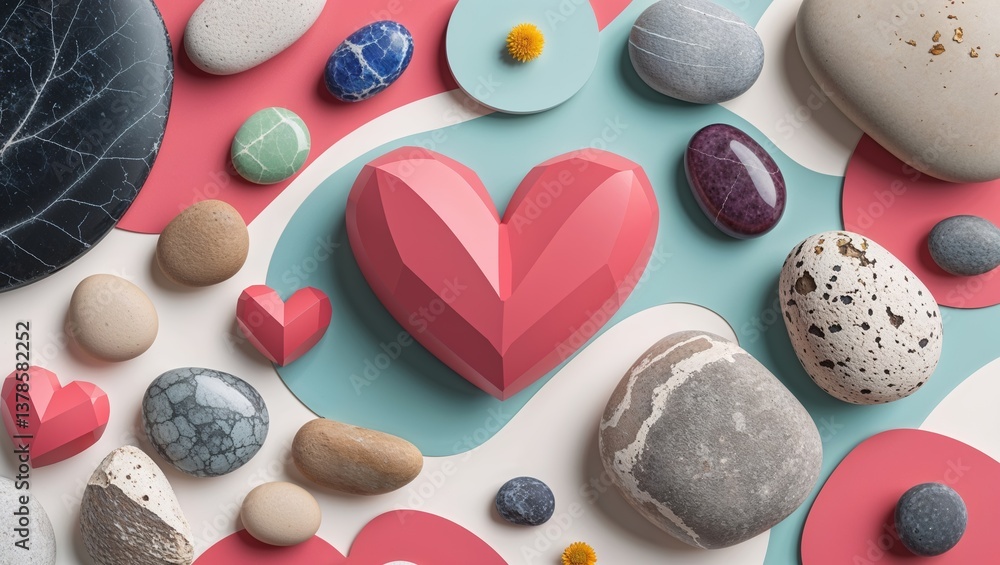 Fototapeta premium Modern flat lay of stones heart shapes and geometric patterns on light background