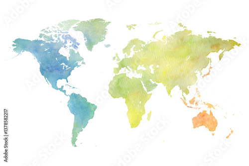 World Map Watercolor - Art Decorative Illustration of the World Map in Rainbo...