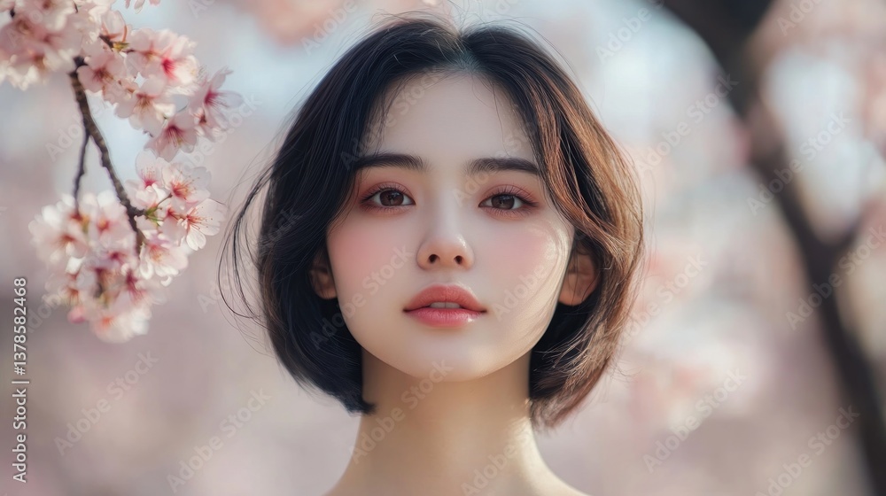 Serene Beauty Amidst Cherry Blossoms, Portrait of Feminine Grace